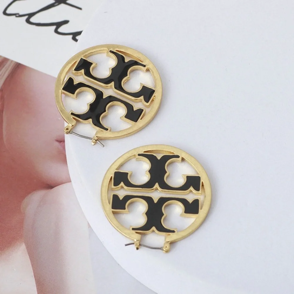 Tory Burch Gold and Black Logo Disc Drop Earrings